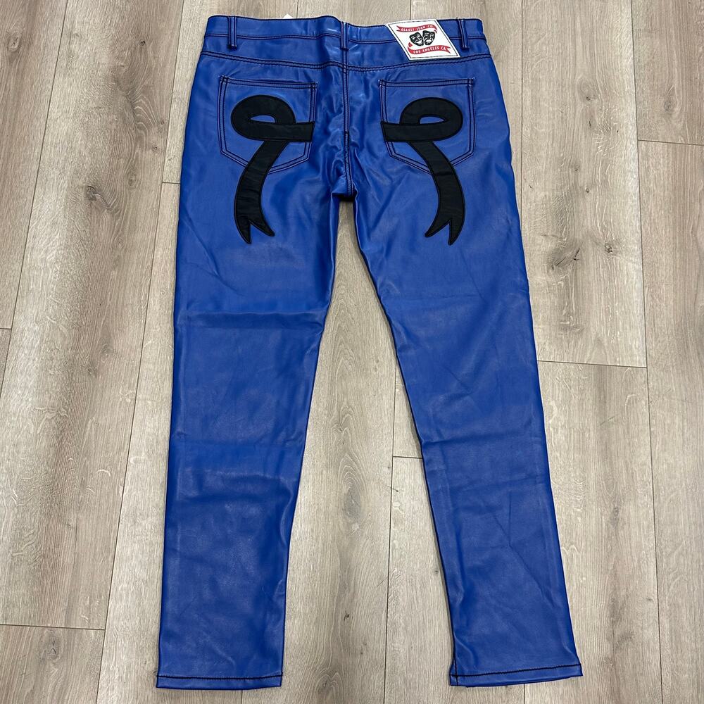 ASAALI Black Ribbon LEATHER Blue PANTS size 36 B29